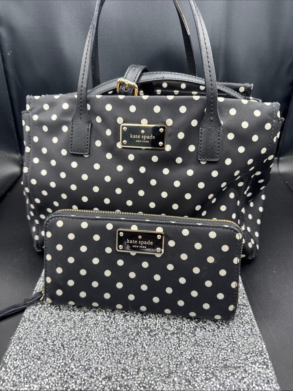 Kate Spade Black And White Polka Dot Tote With Matching Wallet